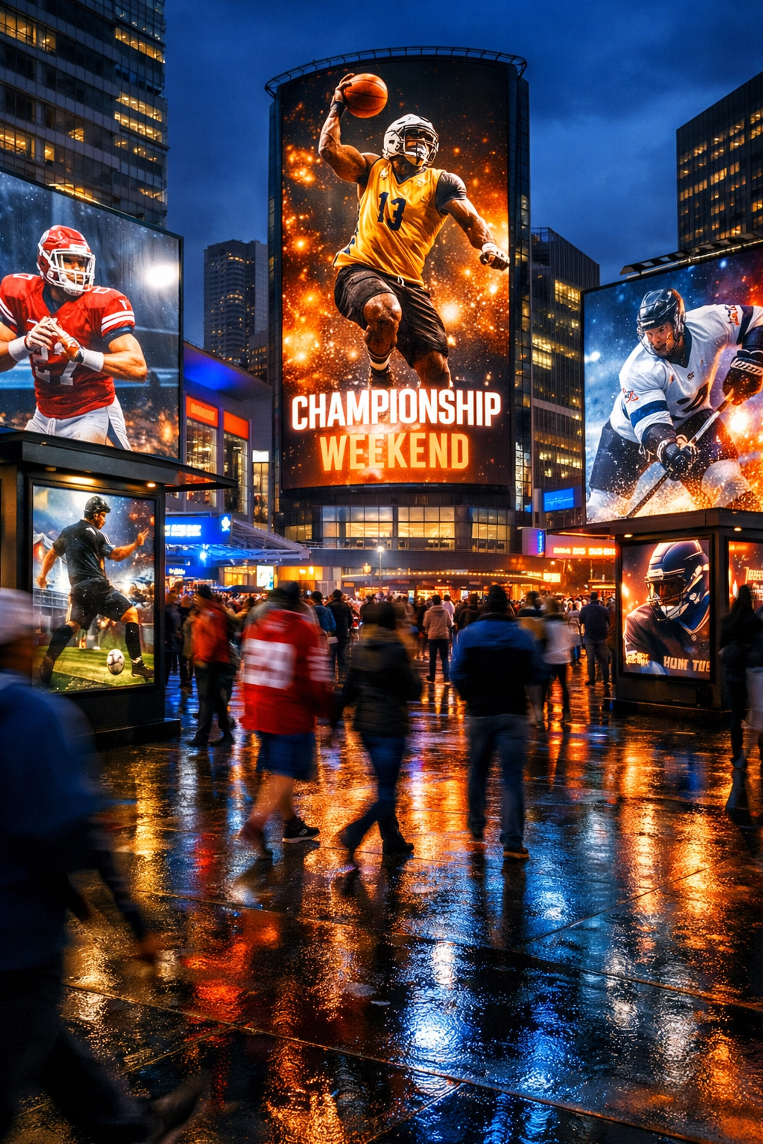 High-impact digital sports signage and billboards in a busy city center during a major championship event.