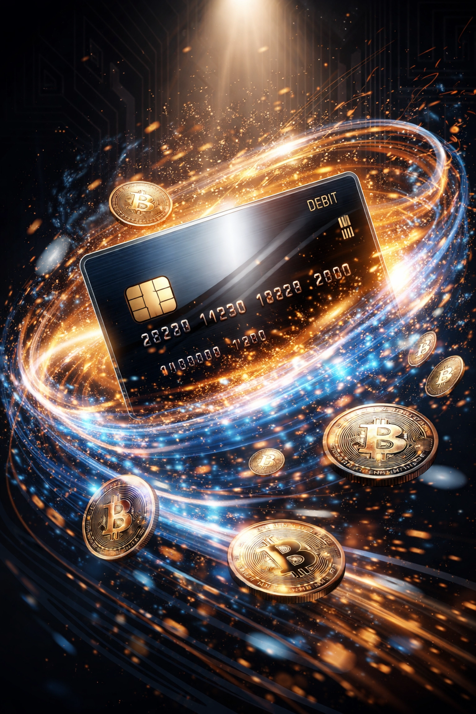 A metallic debit card emerges from swirling crypto coins, representing seamless crypto-to-fiat spending power.