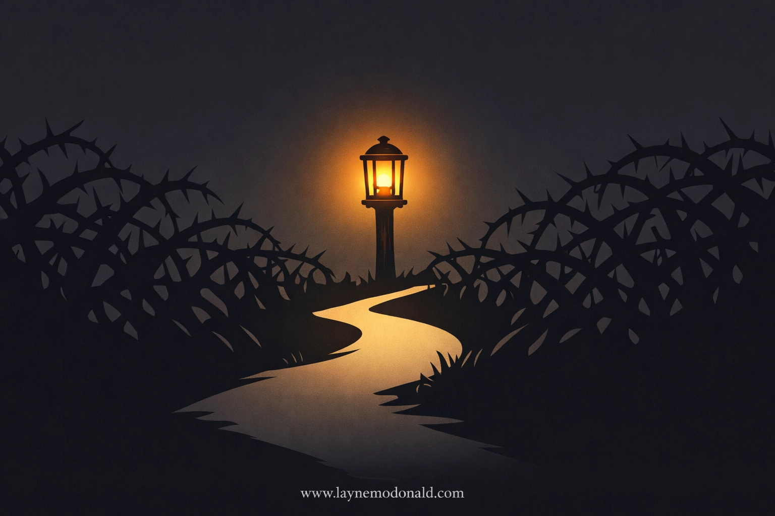 A glowing lantern illuminating a safe path through thorns, symbolizing the journey of healing from church hurt.