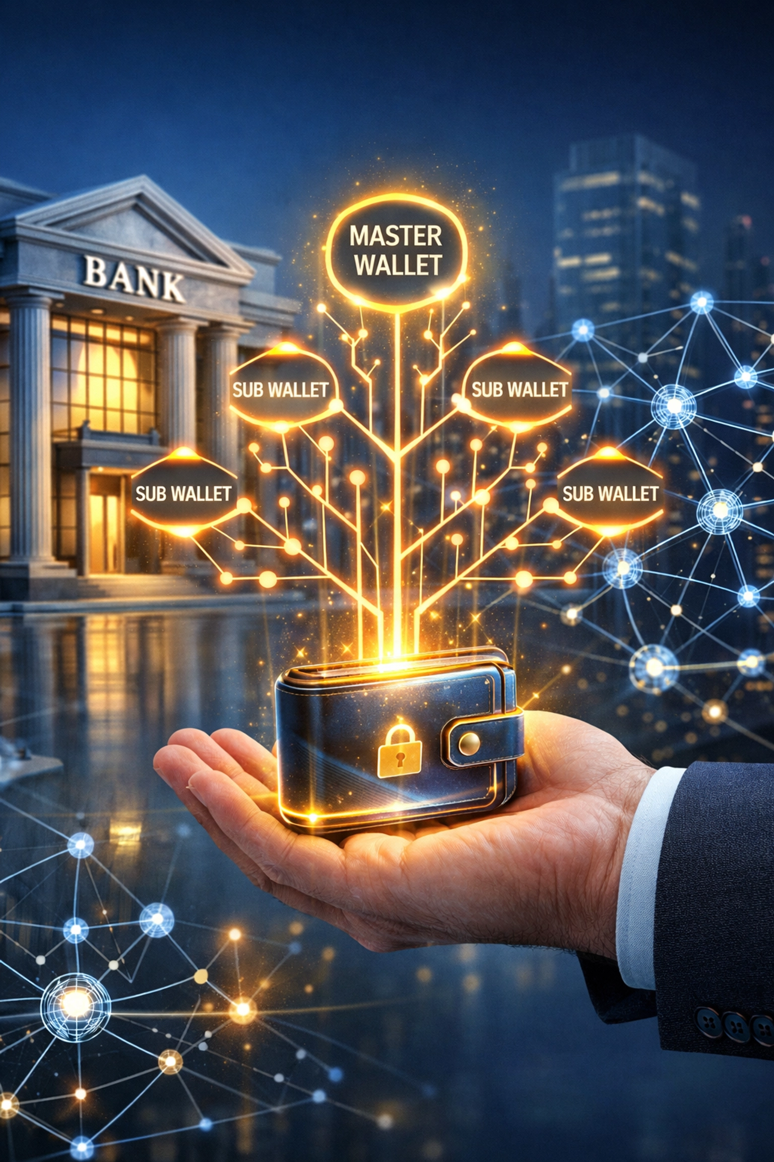 Self-custody digital wallet with master and sub-wallet structure connected to banking system