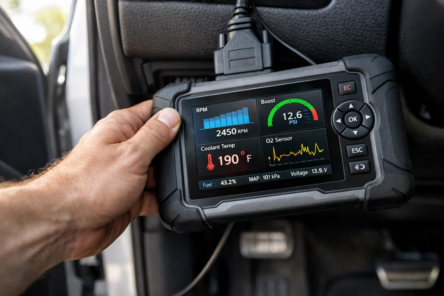 Mechanic performing professional engine diagnostics in San Antonio using a digital scanner tool.