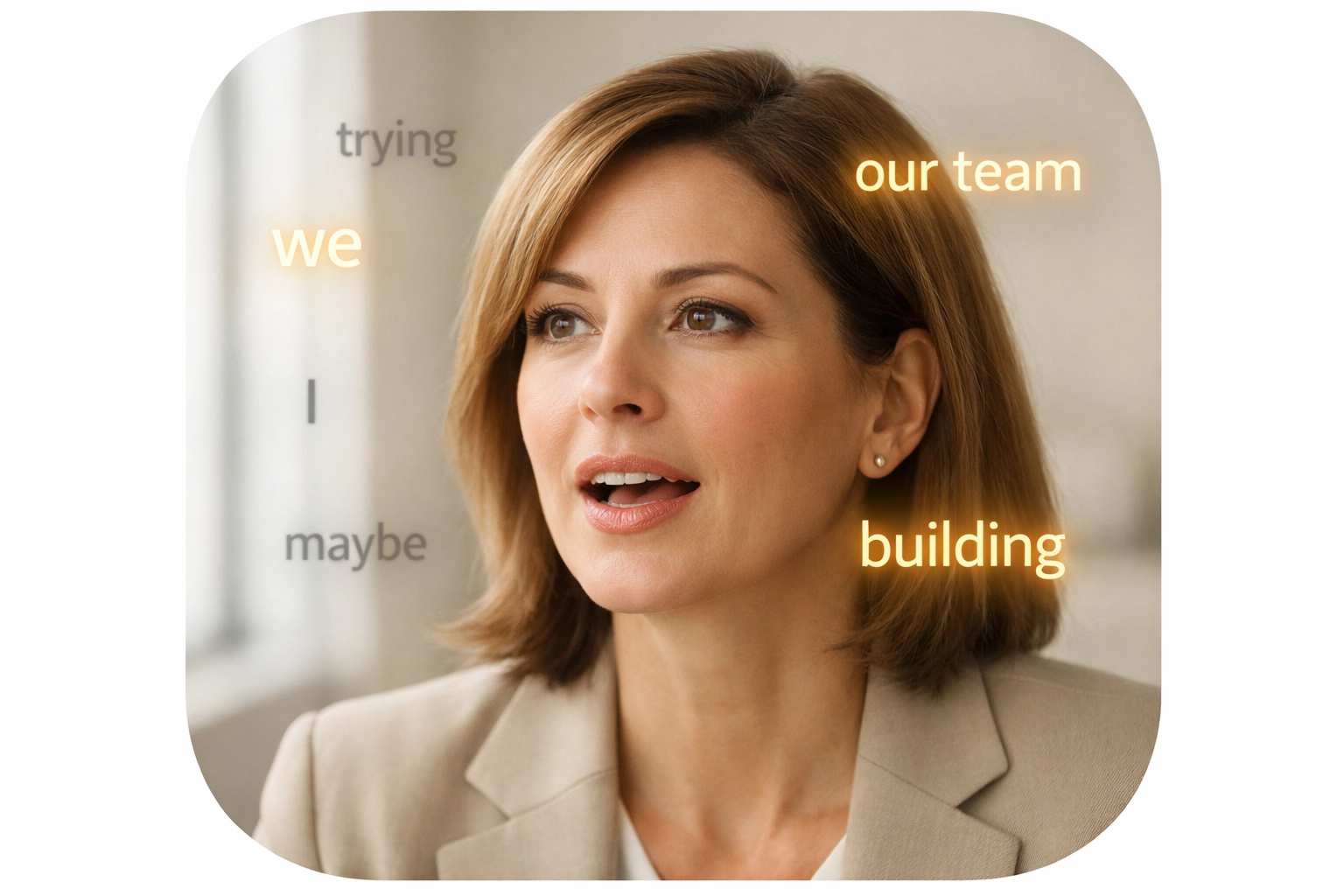 Professional woman speaking with positive and negative words illustrating language mindset shift