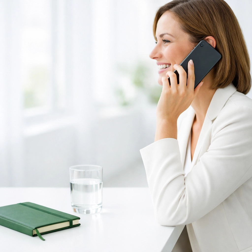 A professional business owner discussing website maintenance services during a friendly phone consultation.