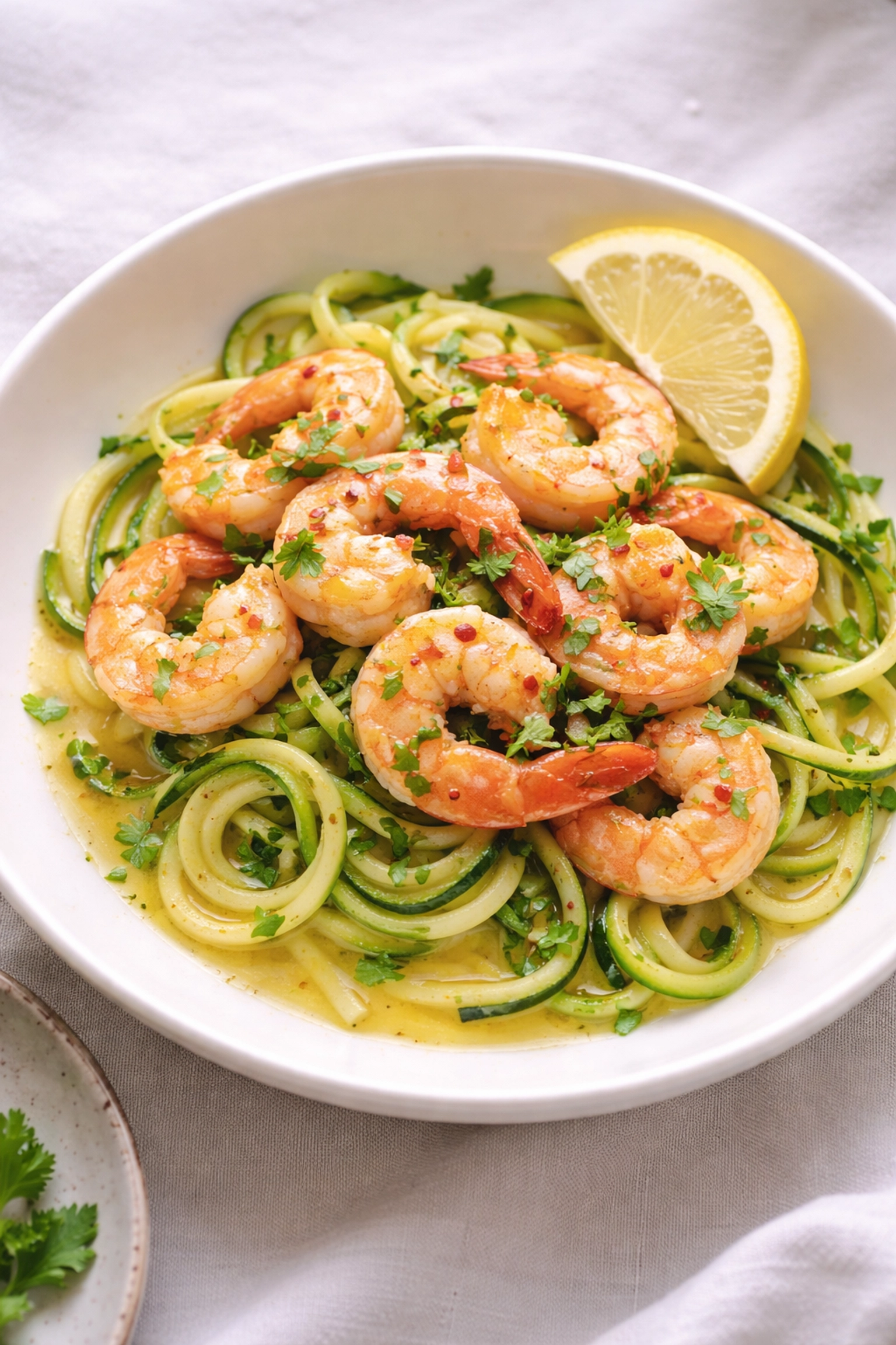Garlic butter shrimp scampi with zoodles, garnished with parsley and lemon, a keto high-protein meal