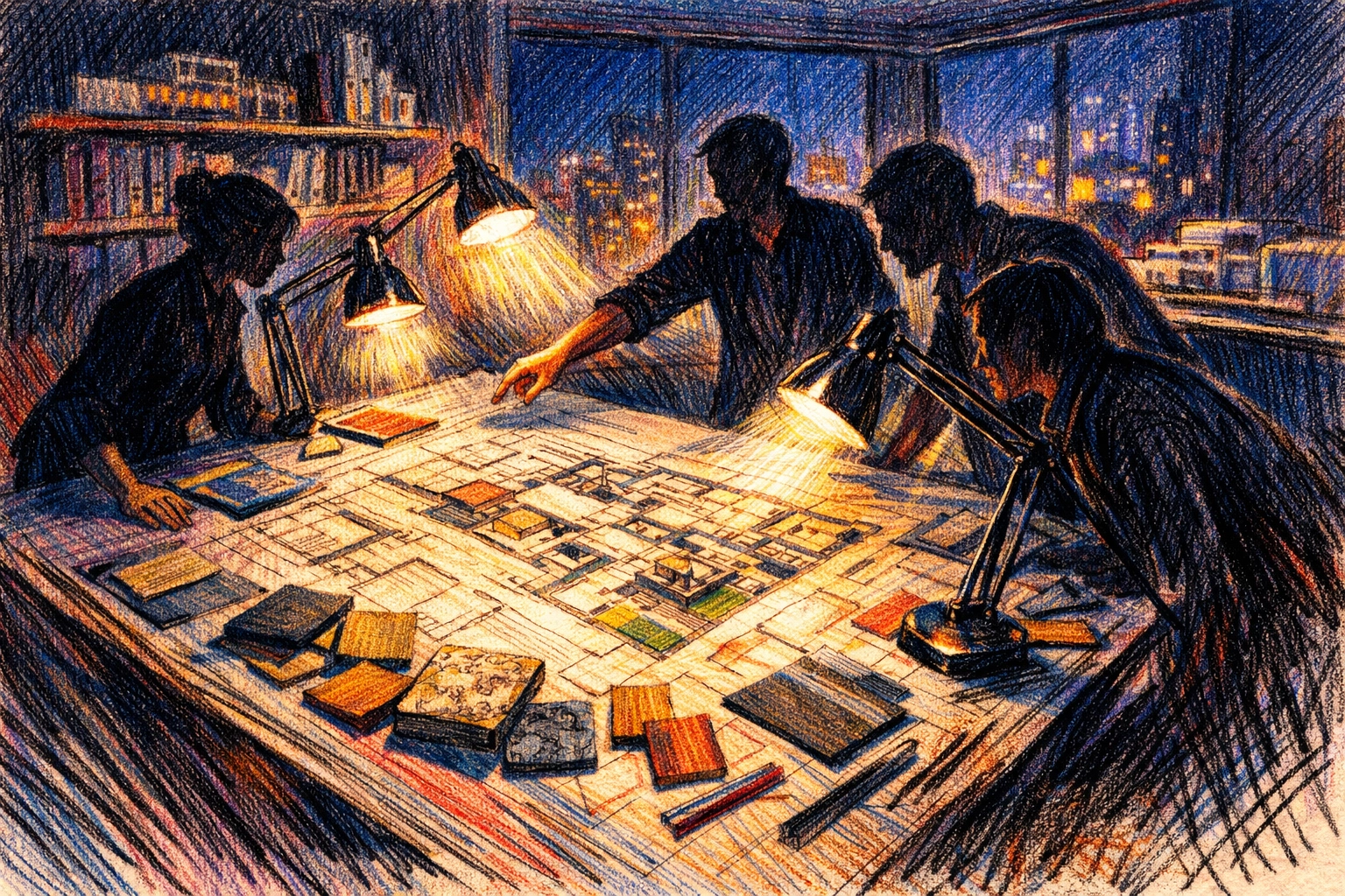 Boutique hotel architecture team planning luxury hospitality projects in a design studio.