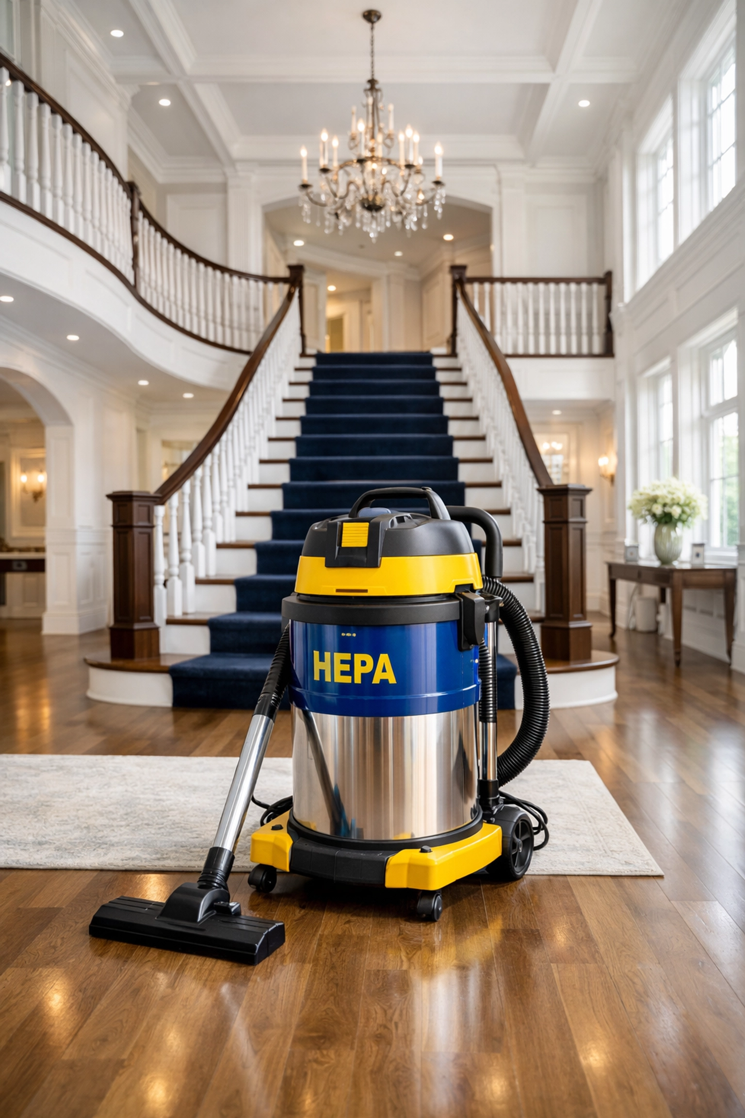 Clean Massachusetts luxury home foyer following a thorough post construction cleaning using HEPA filtration.