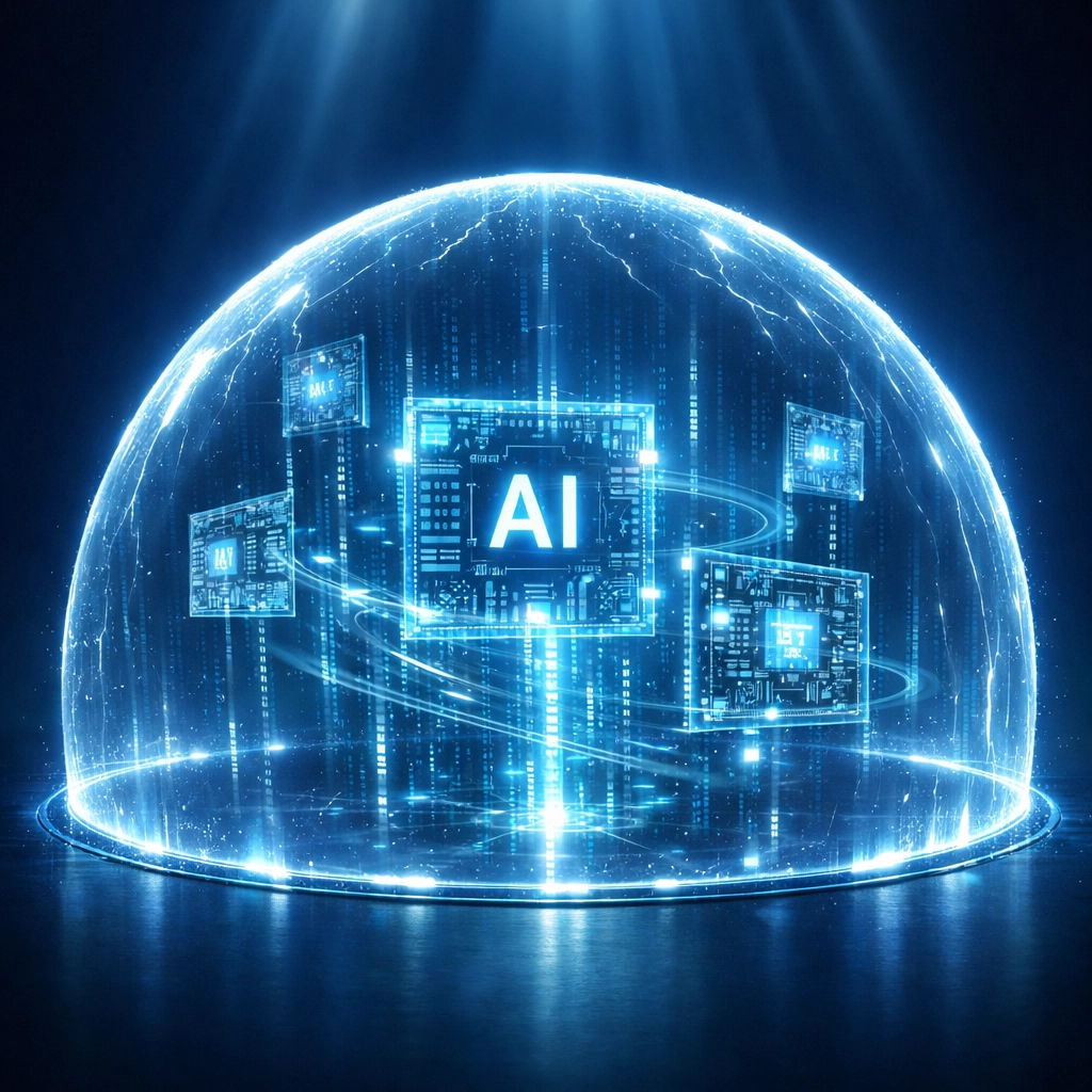 Secure AI walled garden with protective barrier shielding data and AI systems from external threats