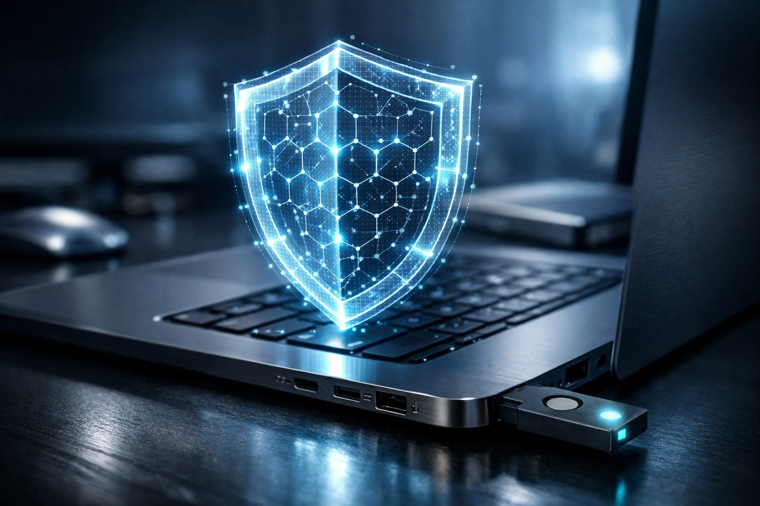 Secure FIDO2 hardware security key plugged into a laptop to protect high-value business targets from phishing attacks.