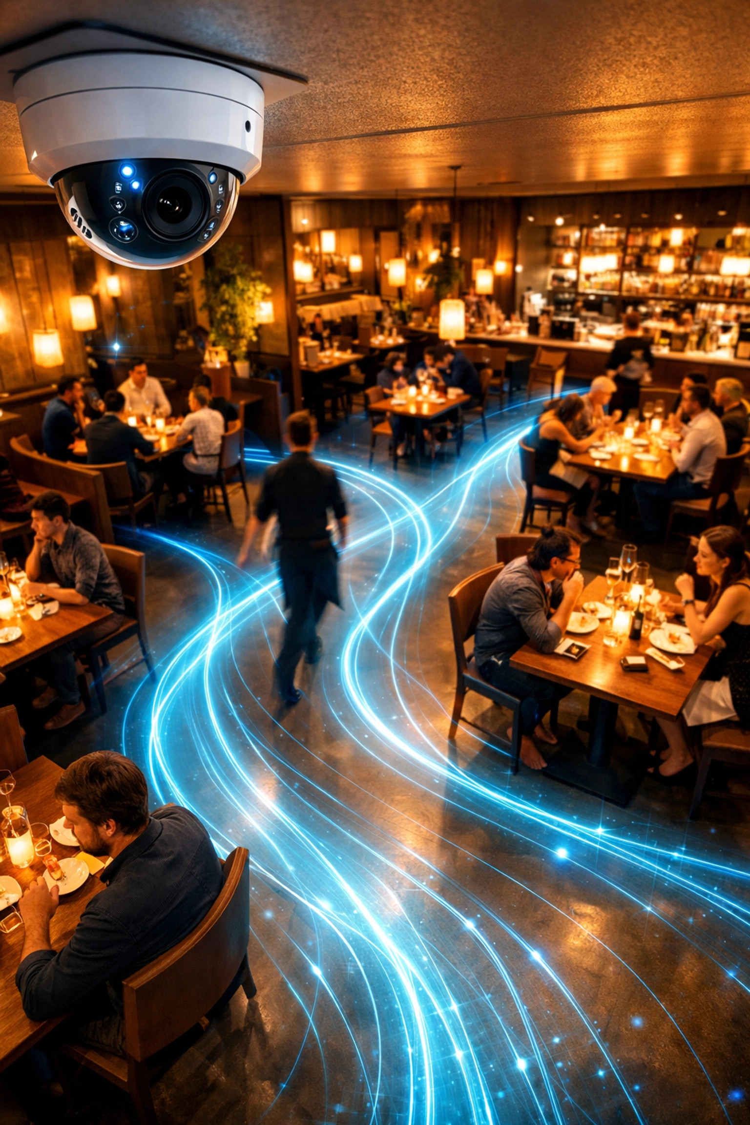 AI-powered restaurant camera tracking customer movement patterns with digital overlay in dining room