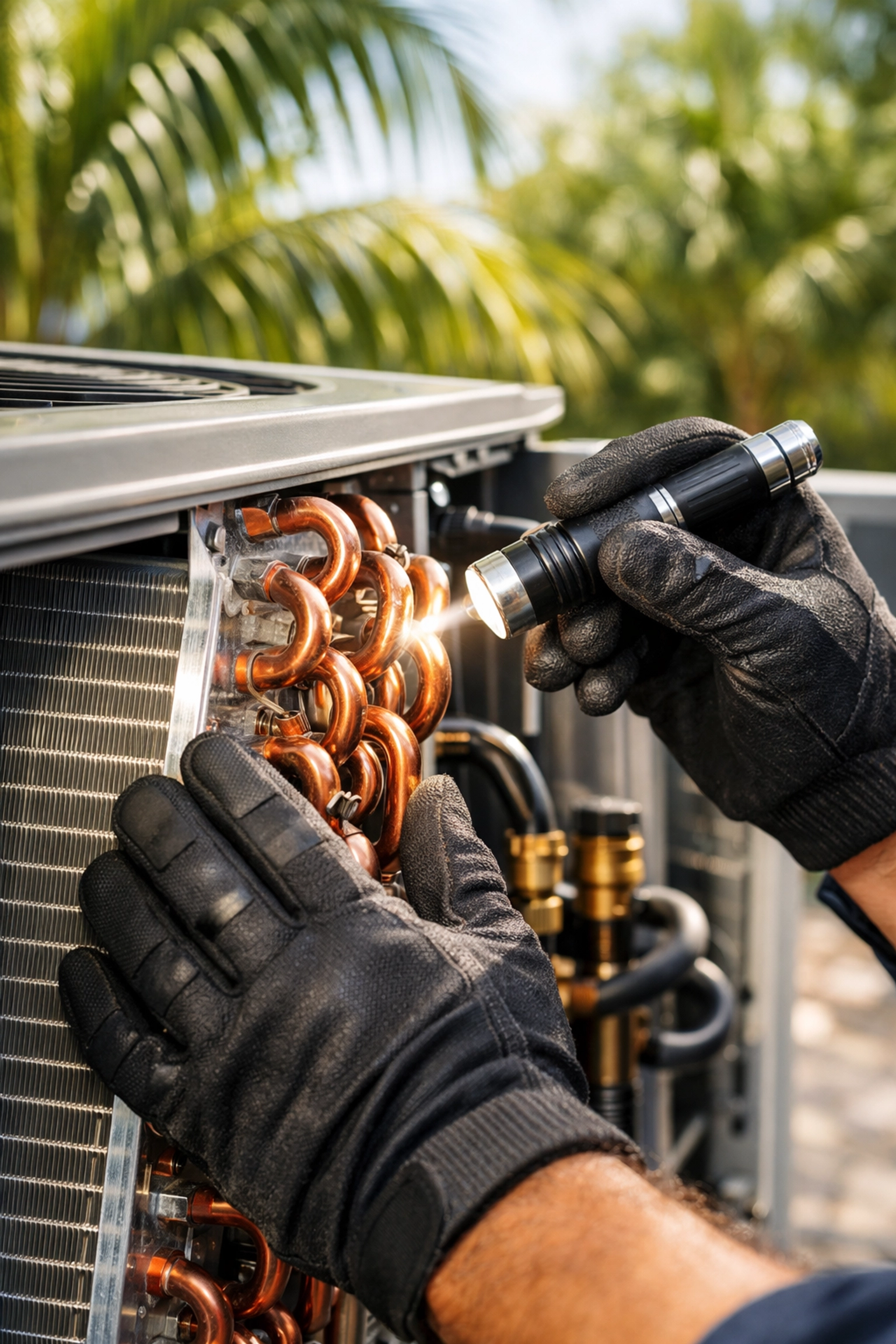 HVAC technician performing a professional ac tune up on an air conditioner in a sunny Fort Myers backyard.
