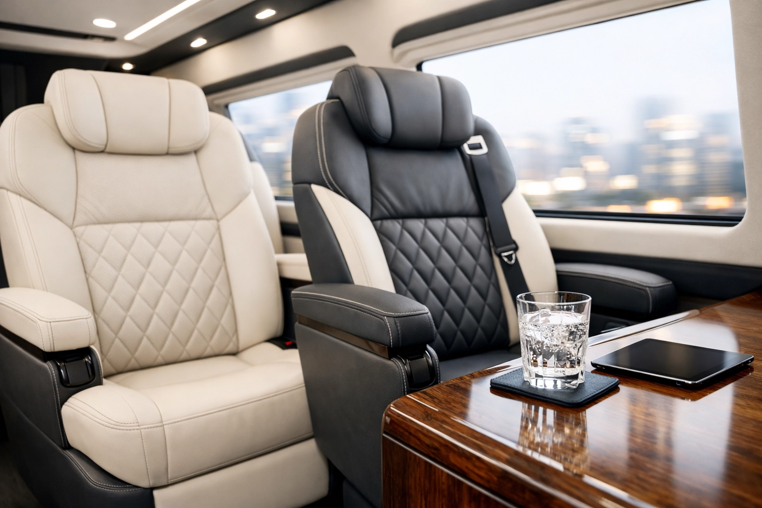 Luxury interior of an executive jet-van designed for high-tier Super Bowl corporate travel.