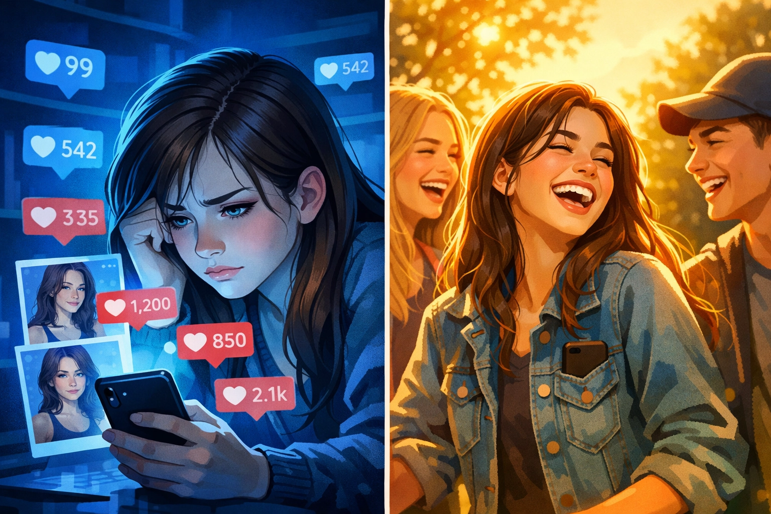 Teen experiencing social media anxiety versus enjoying real friendships highlighting authentic connection