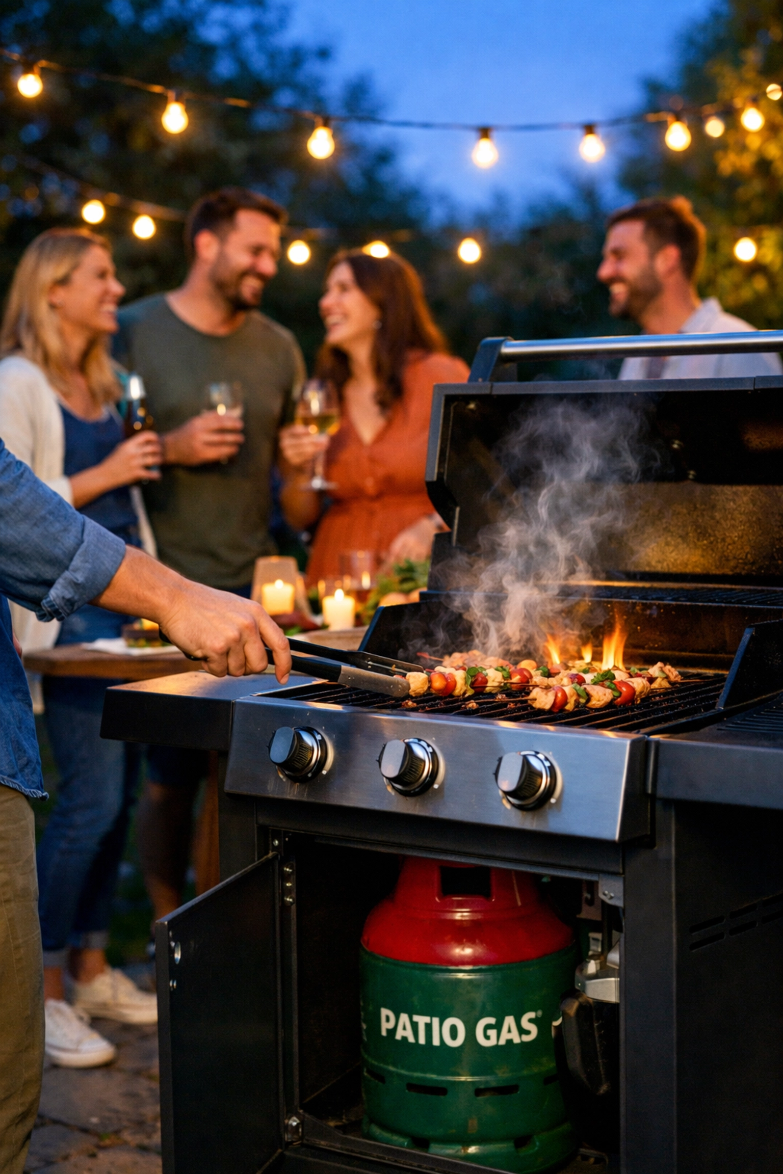 Friends enjoying a garden BBQ using a patio gas cylinder for a modern propane grill in the UK.