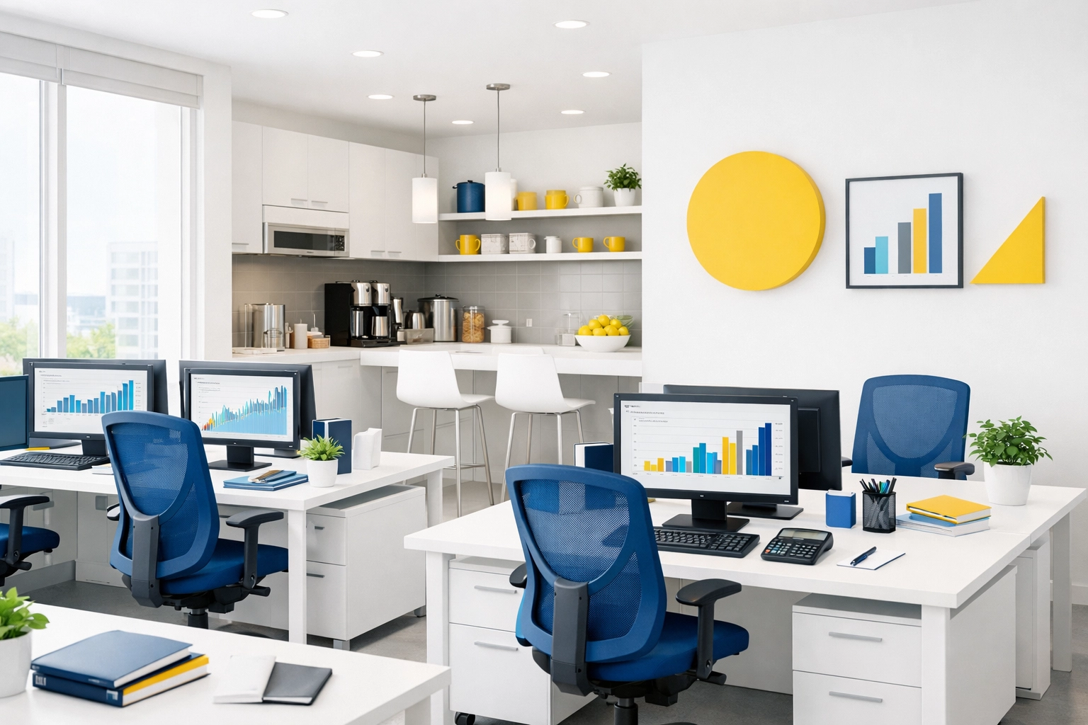 A clean and organized bank administrative office and breakroom in Springfield for employee wellness.