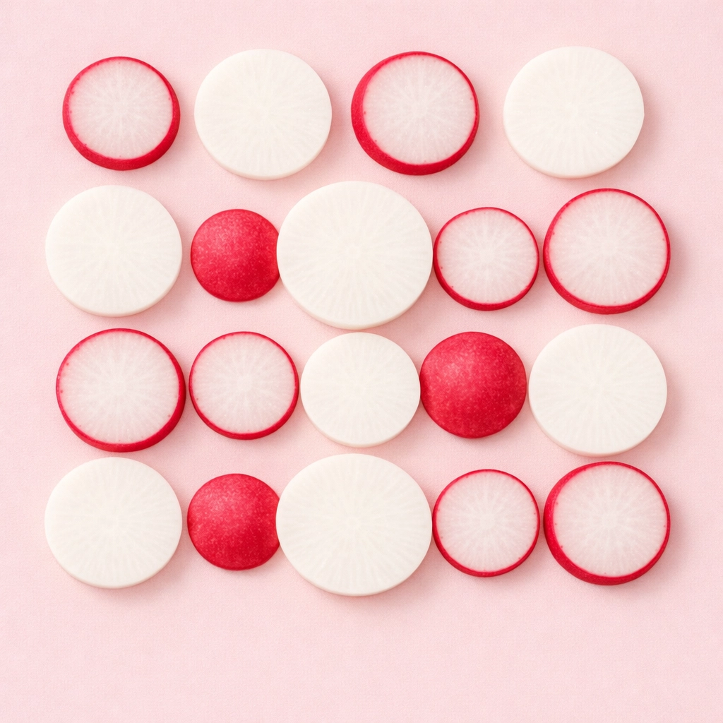 Sliced red and Daikon radishes arranged for fermentation to support digestive wellness.