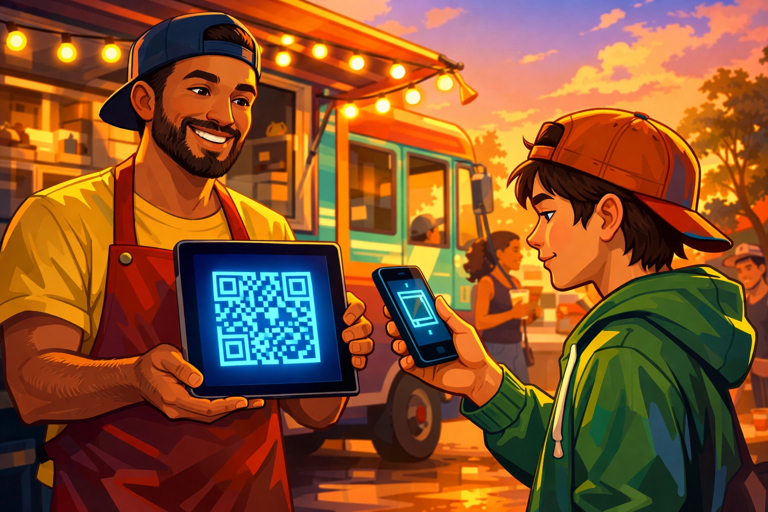 Food truck merchant accepting crypto payment via QR code on tablet from customer