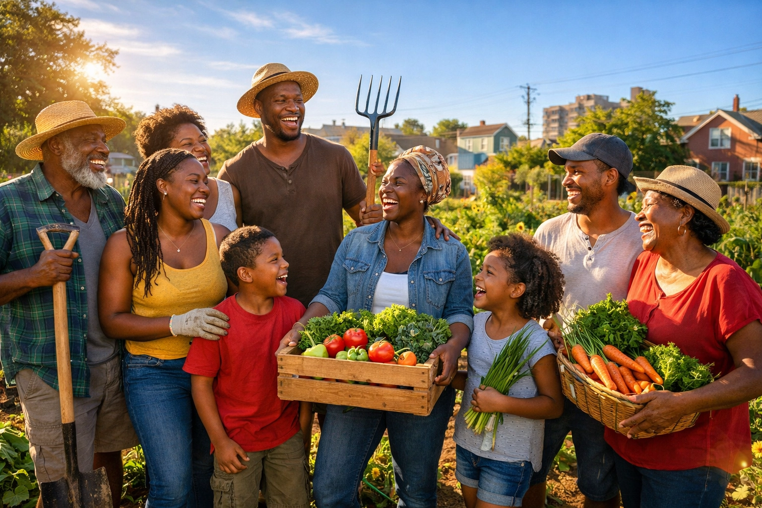 Diverse community members working together in a vibrant New Jersey urban garden to provide fresh local food.