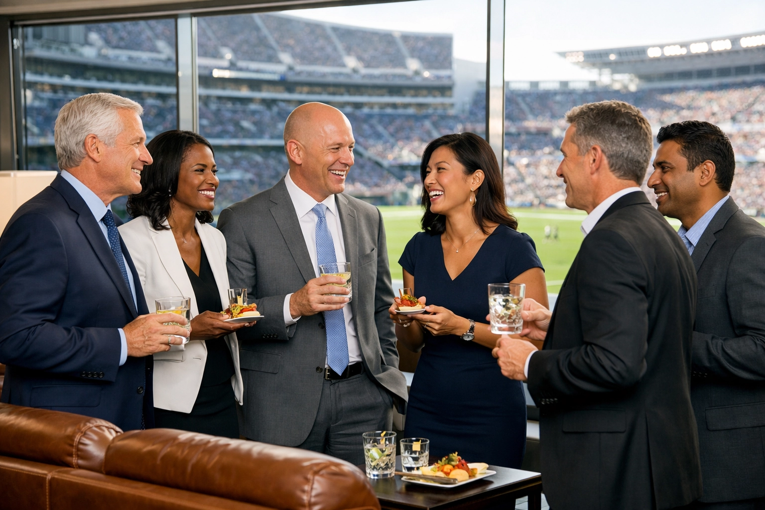 Executives networking in a luxury Super Bowl stadium suite overlooking the football field.