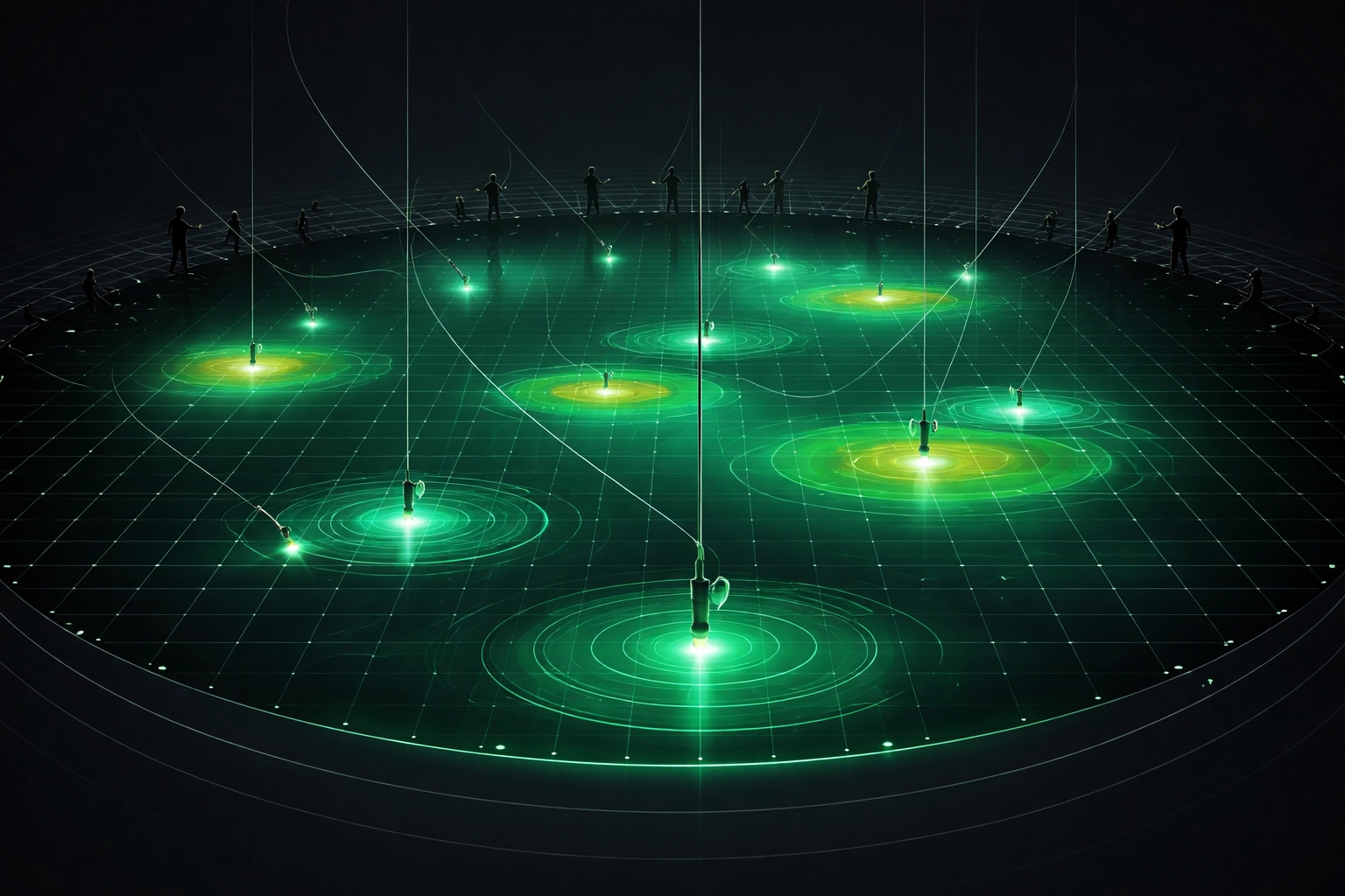 Illustration of crowded fishing lines in a data-driven lake, symbolising Premier League betting market saturation.