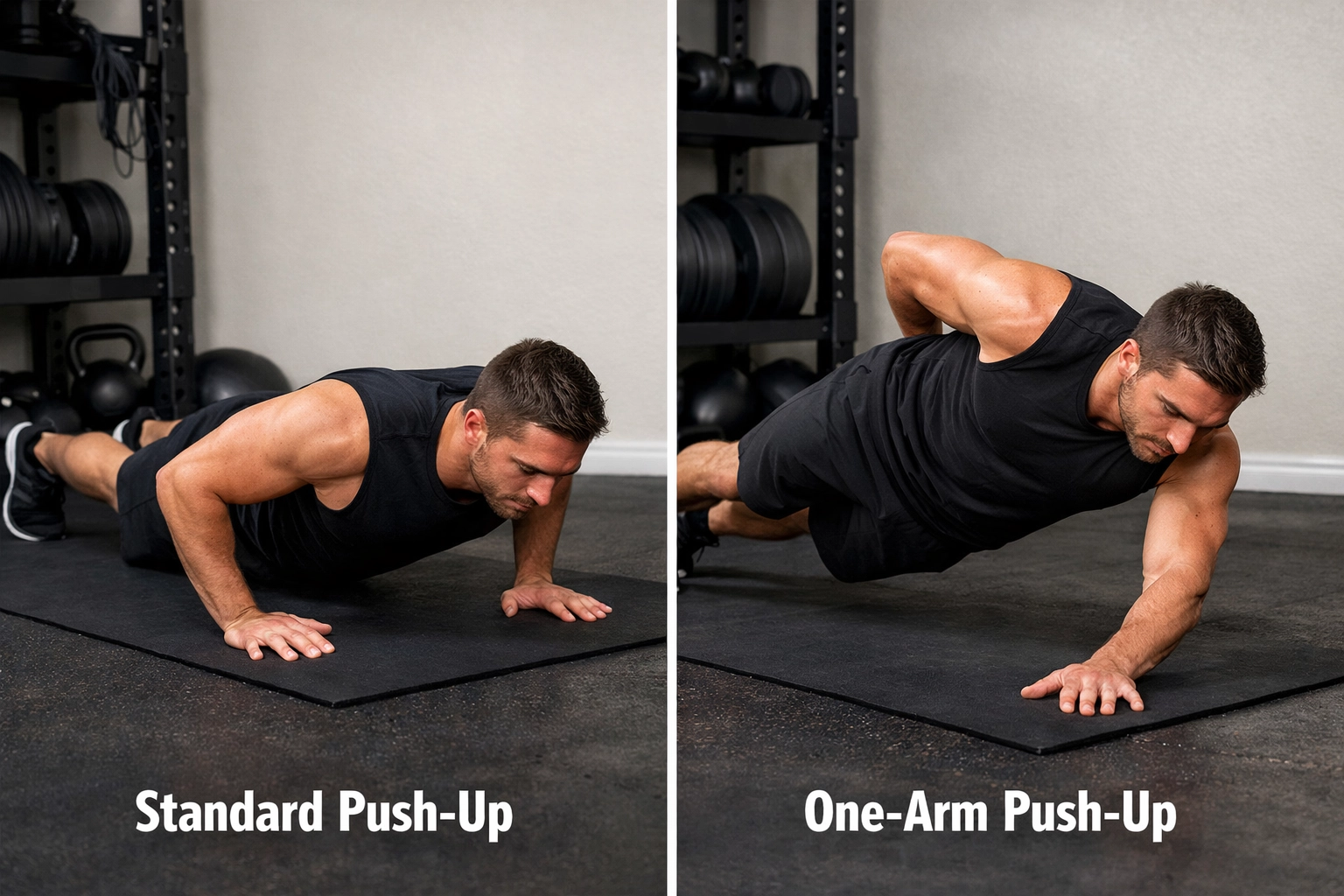 Push-up progression from standard to one-arm showing bodyweight strength advancement