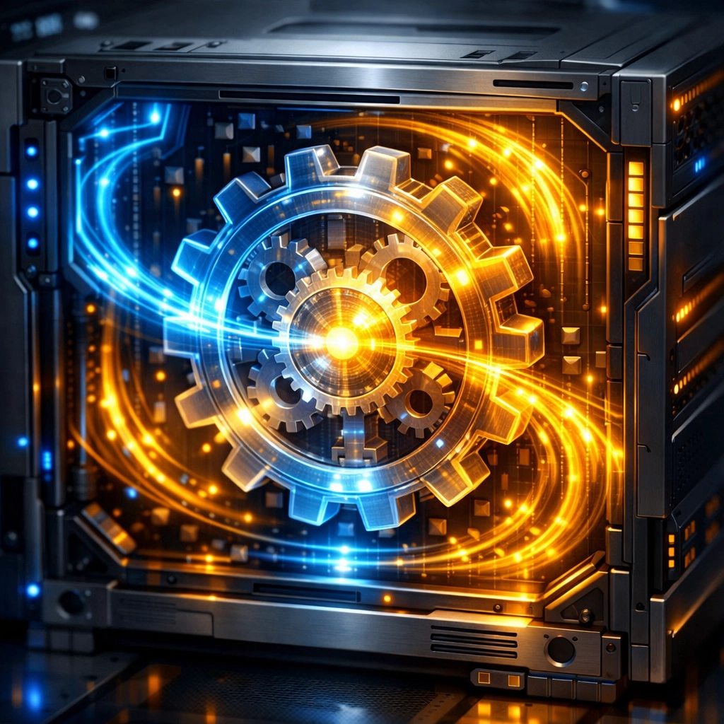 Conceptual illustration of a high-performance server engine representing technical SEO and blog optimization.