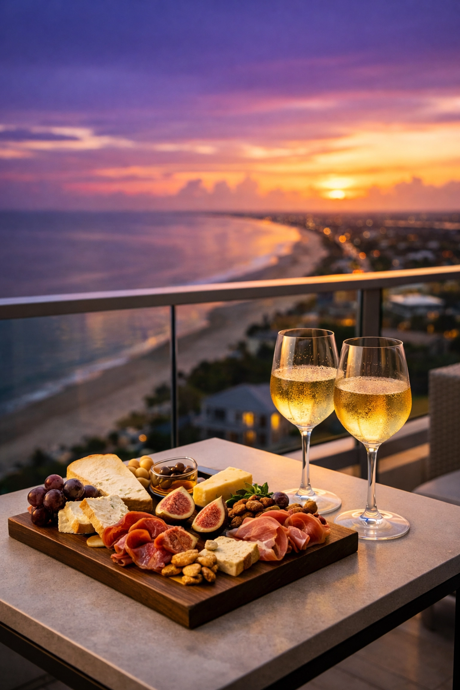 Gourmet charcuterie and wine on a private balcony at sunset on the Bolivar Peninsula.