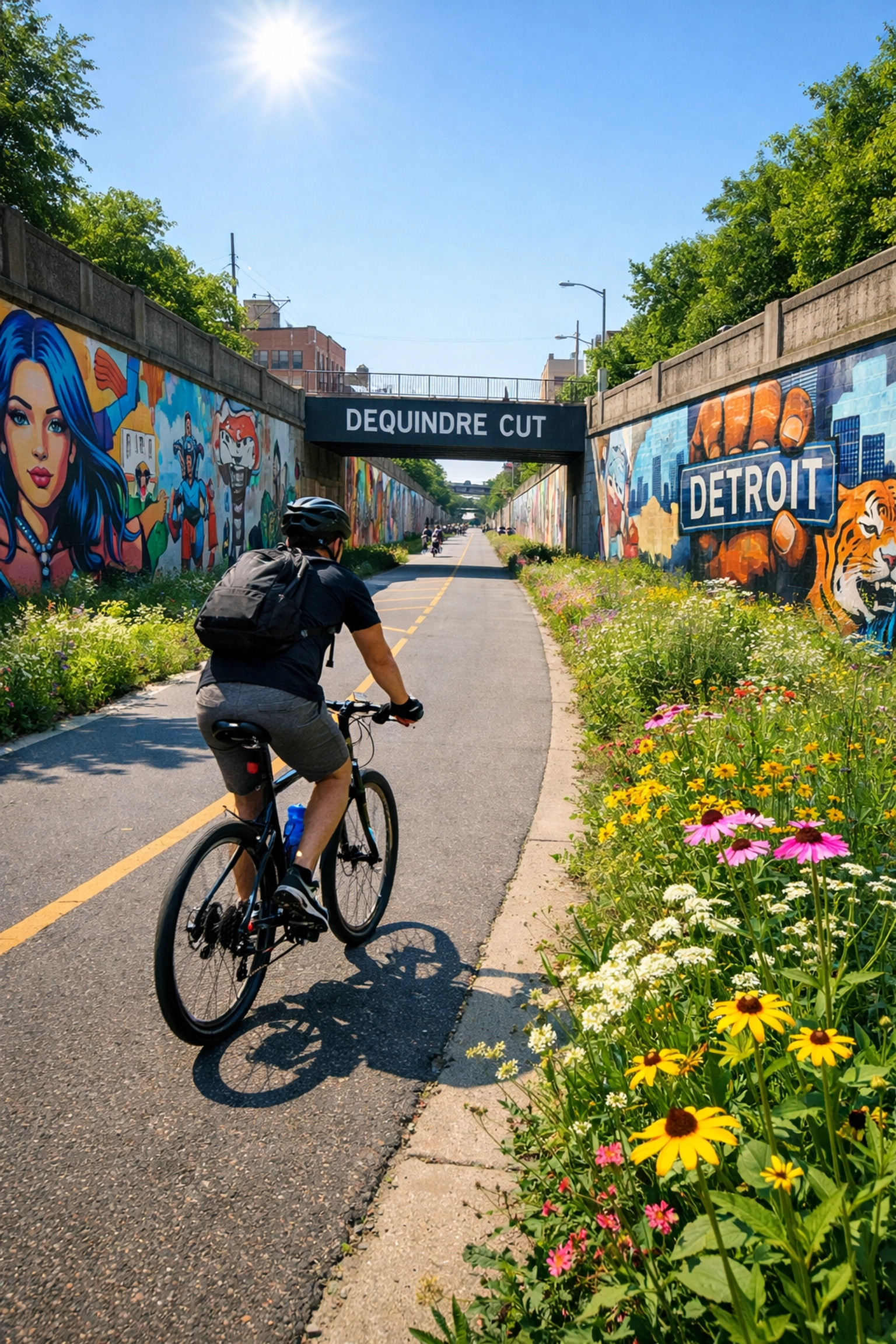 Cyclist riding through the Dequindre Cut urban greenway featuring colorful street art murals in Detroit.