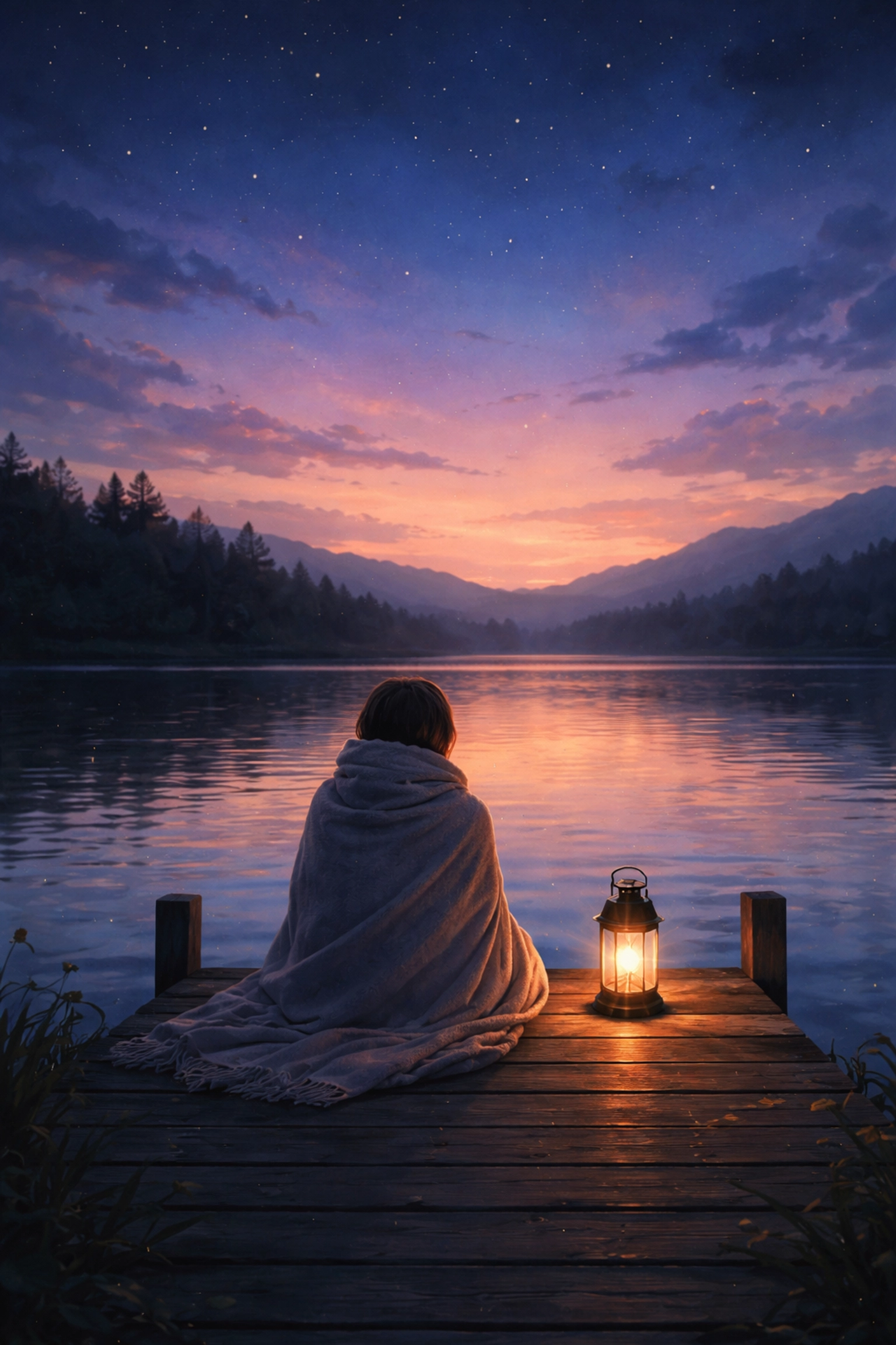 Person reflecting by a peaceful lake at twilight, offering comfort and peace through Christian hope.