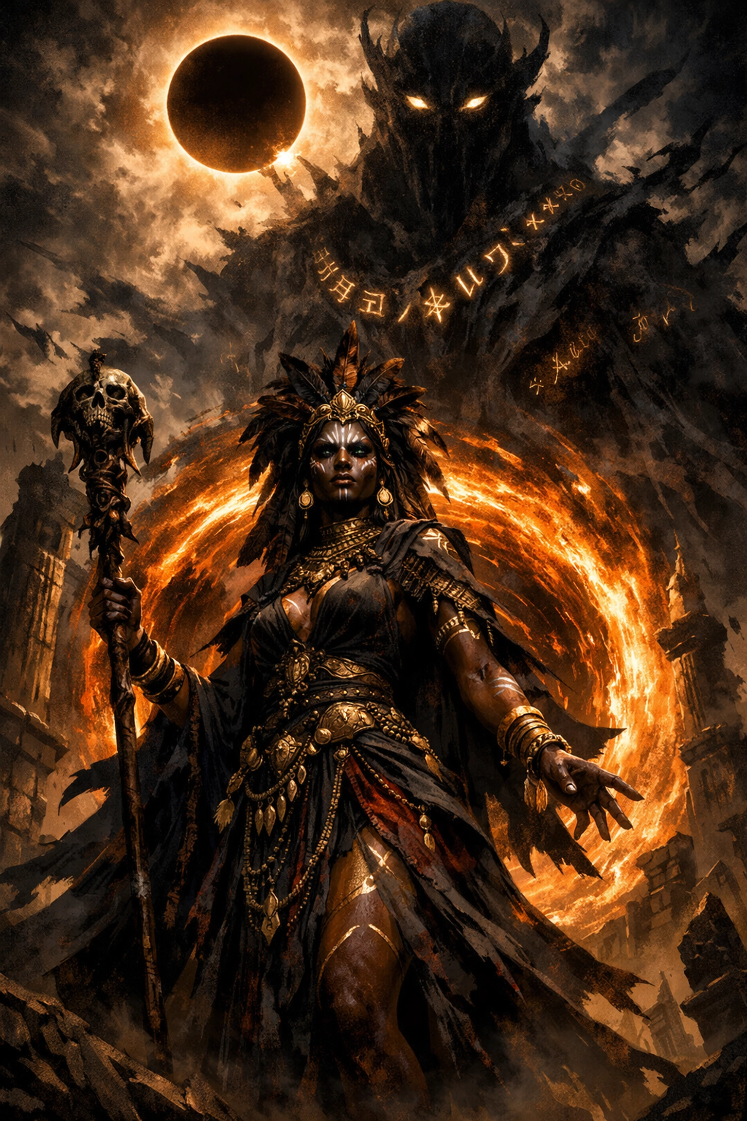 A powerful Black sorceress standing before an underworld gateway in a dark African mythology fantasy setting.
