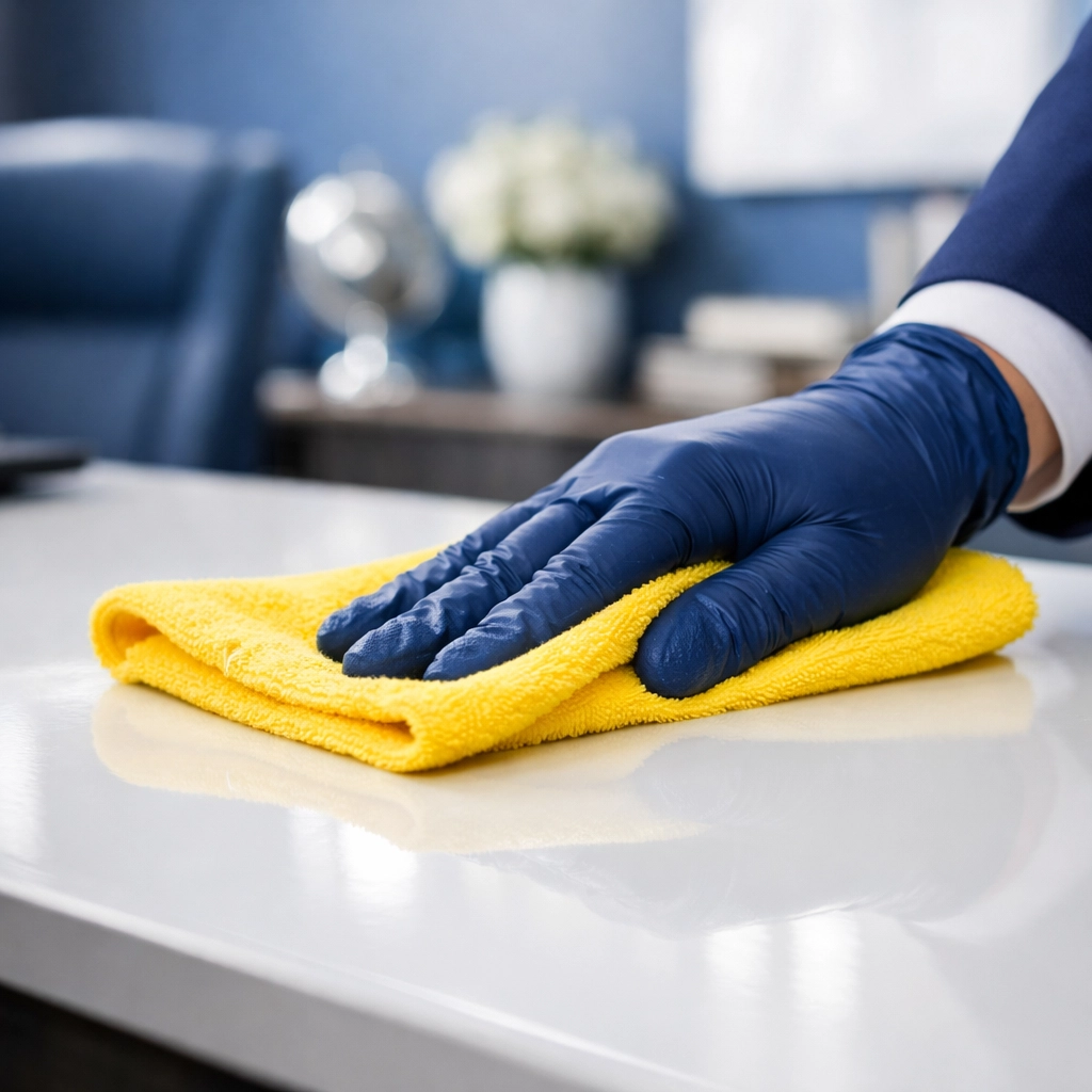Professional cleaning of an executive office desk for improved employee productivity.