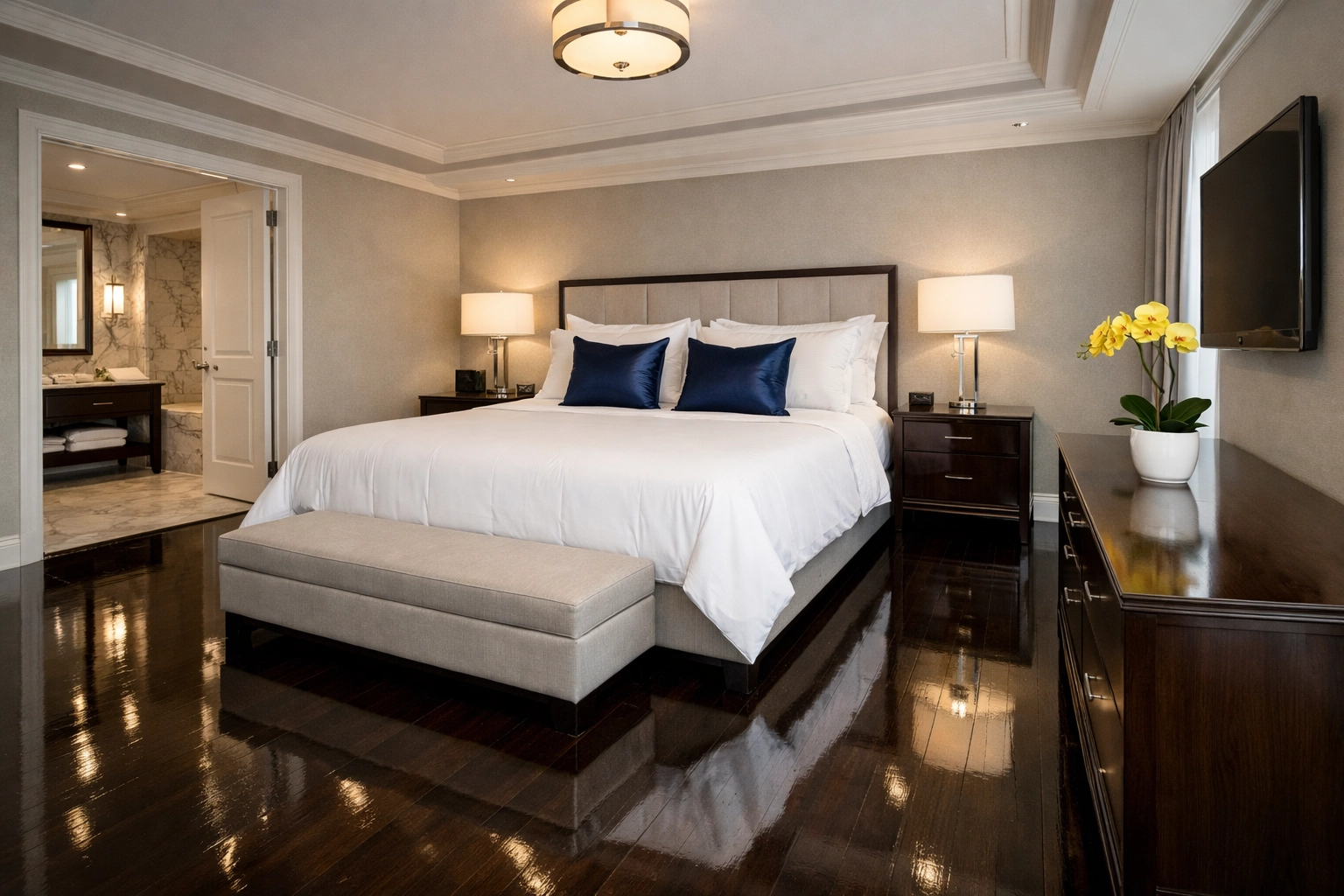A perfectly clean and organized luxury master suite after professional house cleaning services MA.