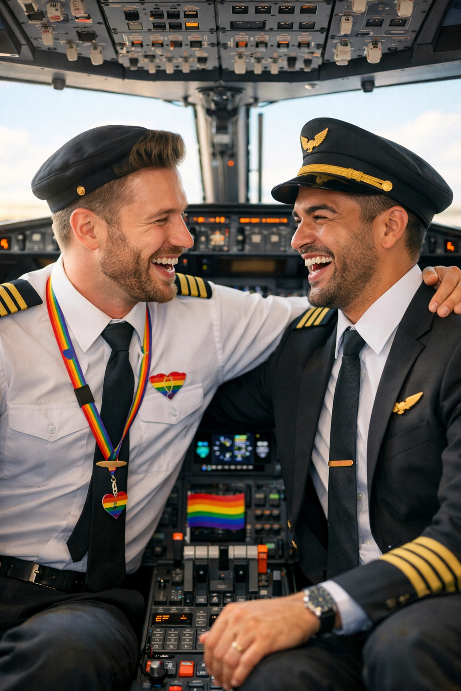Modern gay airline pilots laughing together in commercial aircraft cockpit