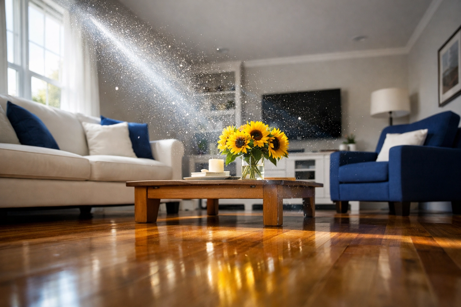Sunlight revealing floating dust particles in a living room during residential cleaning Leominster MA.