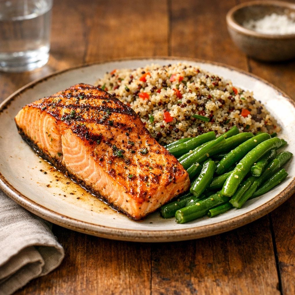 Grilled salmon and quinoa on a plate, representing a protein-rich diet to maintain muscle mass for better balance.