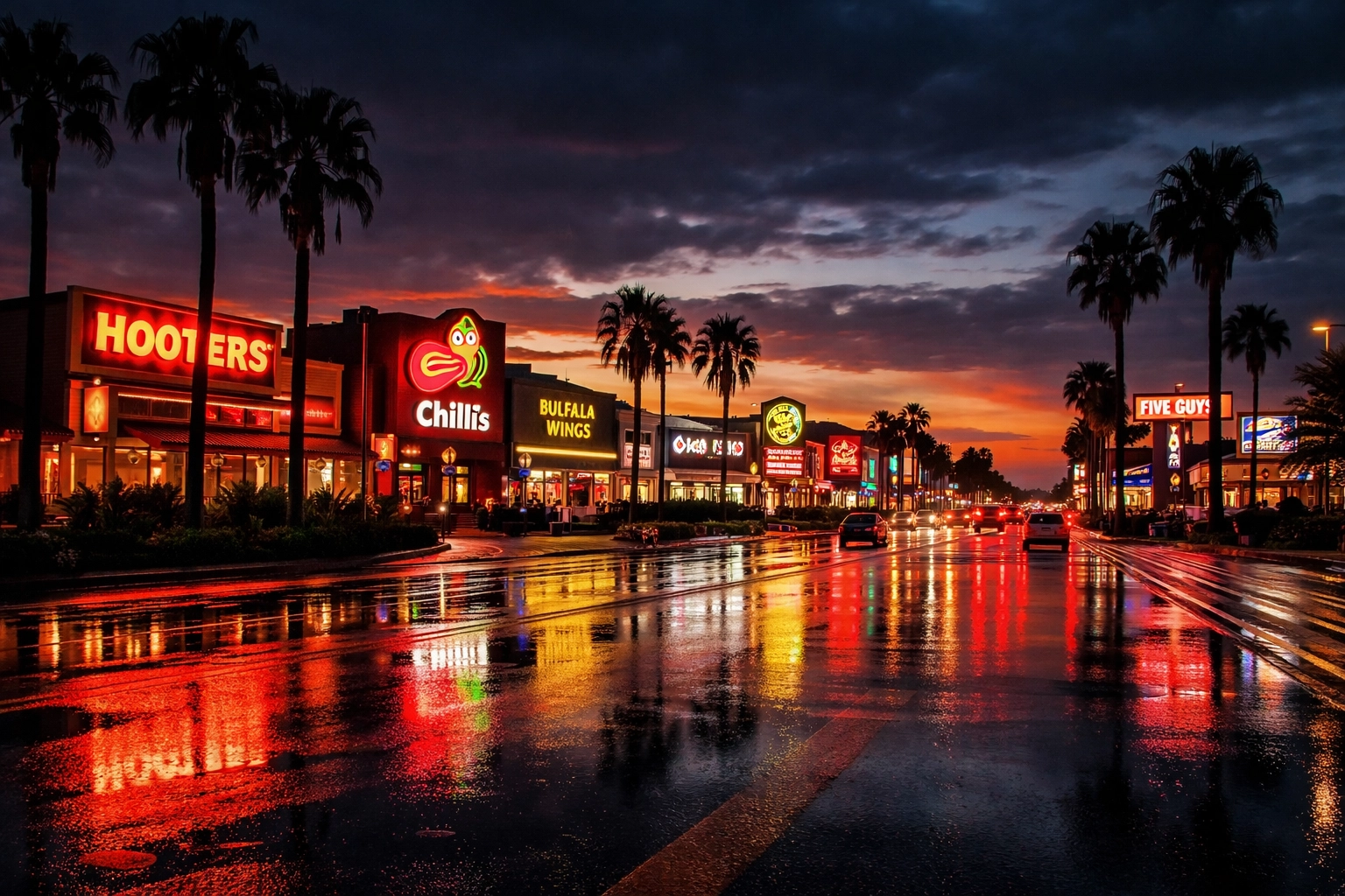 Dale Mabry Highway commercial strip in Hillsborough County with restaurants and sports bars at dusk