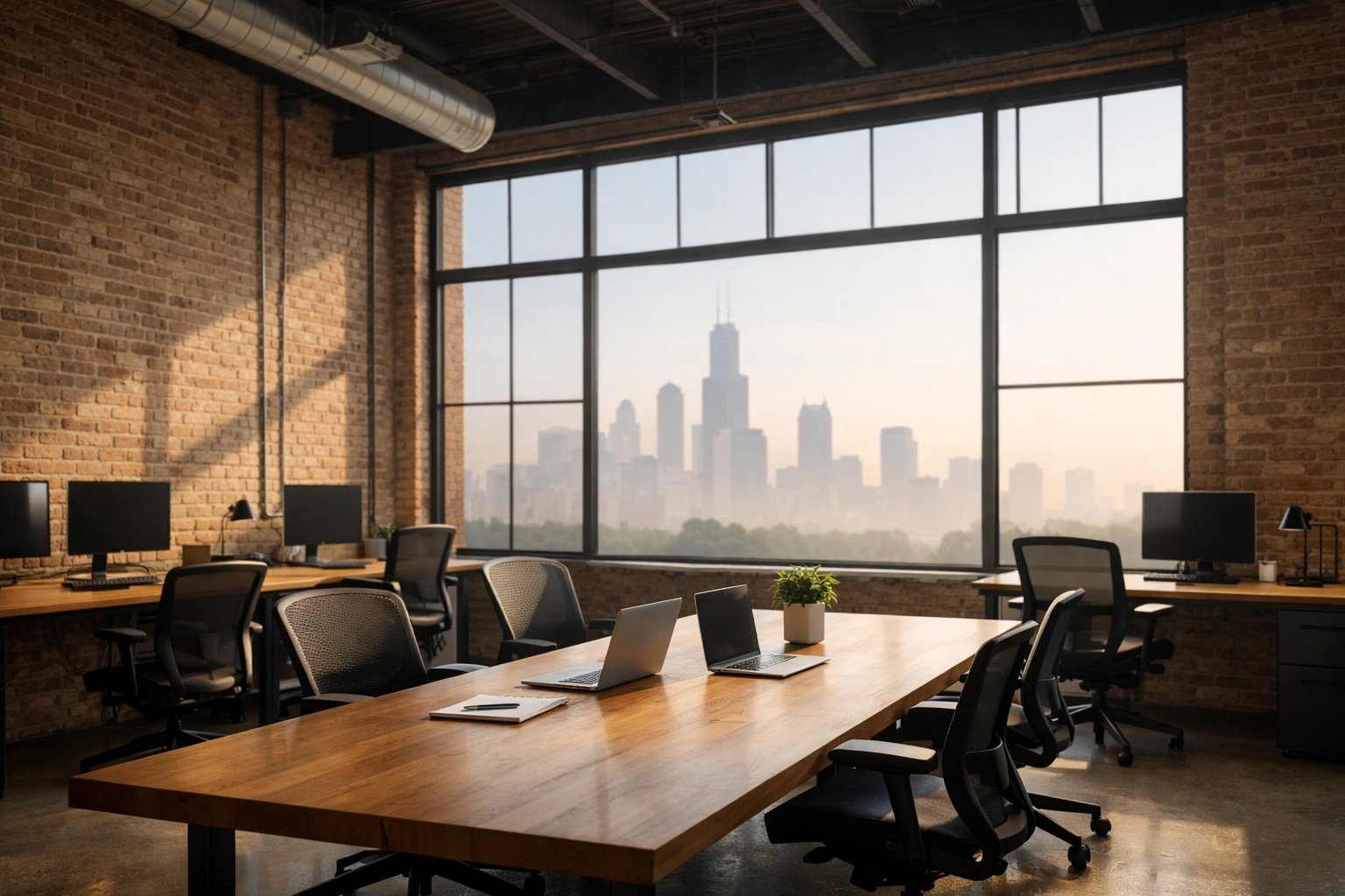 Clean, modern Chicago office loft with a view of the skyline, maintained by recurring cleaning services.