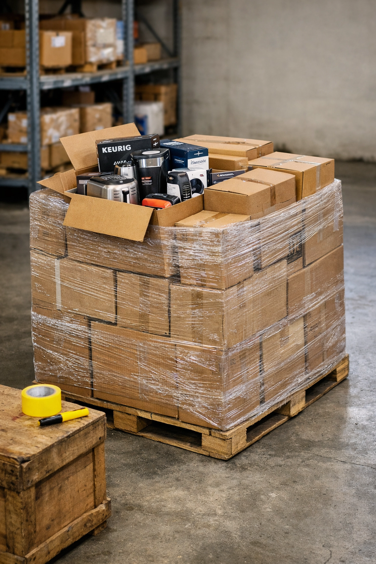Wholesale liquidation pallet of electronics and overstock items in a warehouse for Amazon FBA sellers.