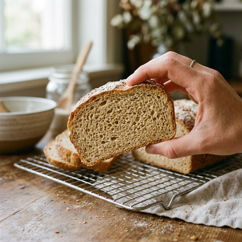 A close-up of a sliced loaf of gluten-free bread, showing the internal structure (the crumb).