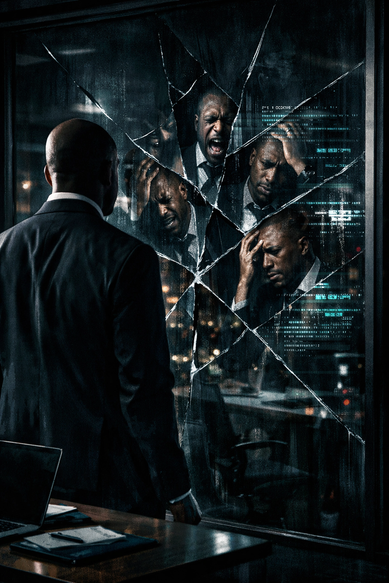 Business leader's fragmented reflection showing psychological impact of AI-dependent leadership