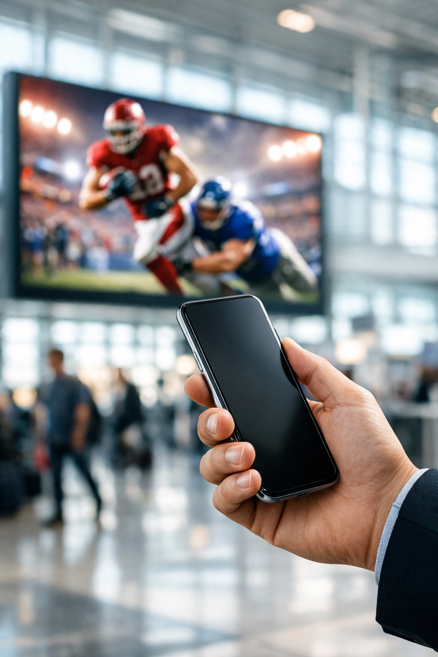 Mobile device user engaging with digital out-of-home sports advertising in an airport.