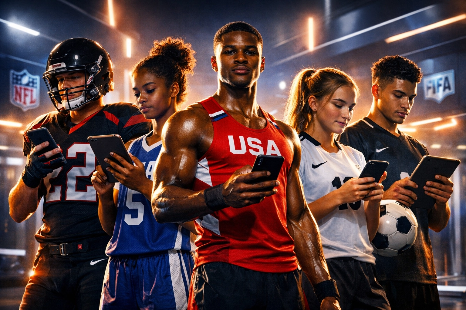 Diverse athletes using smartphones for NIL deals and personal branding with Sports Media Inc.