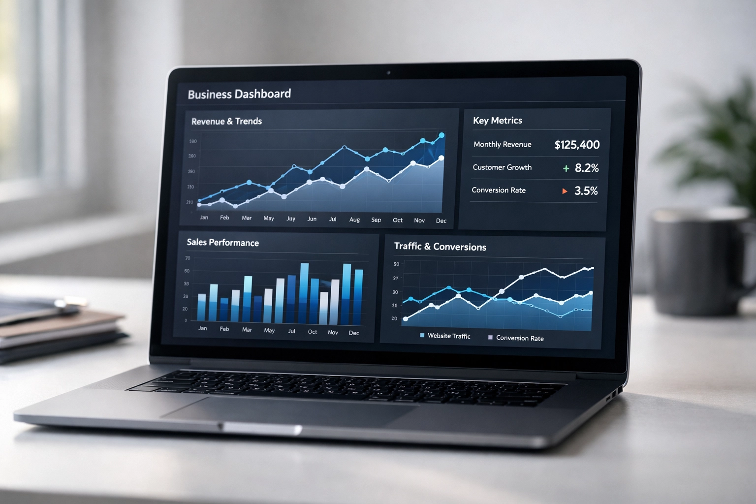 Business dashboard displaying marketing performance data and analytics for resilient growth strategy