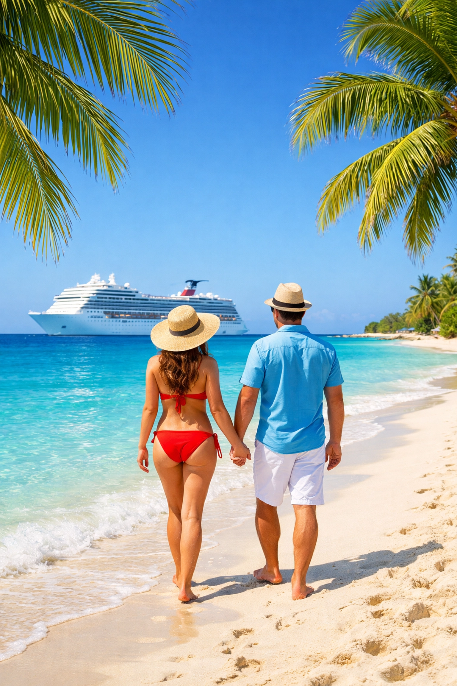 A couple on a tropical beach in the Bahamas with a cruise ship in the background.