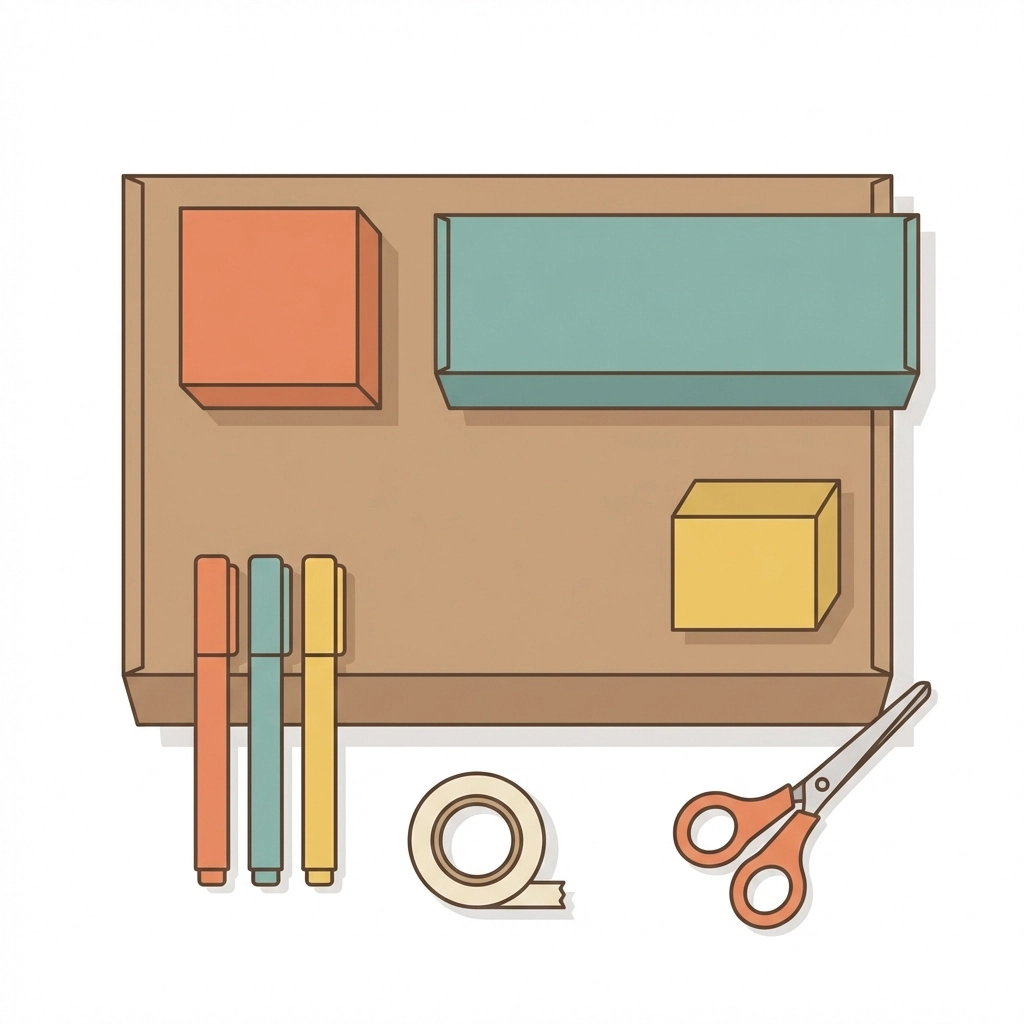 Assorted cardboard boxes, markers, tape, and scissors arranged for building a DIY cardboard city with kids