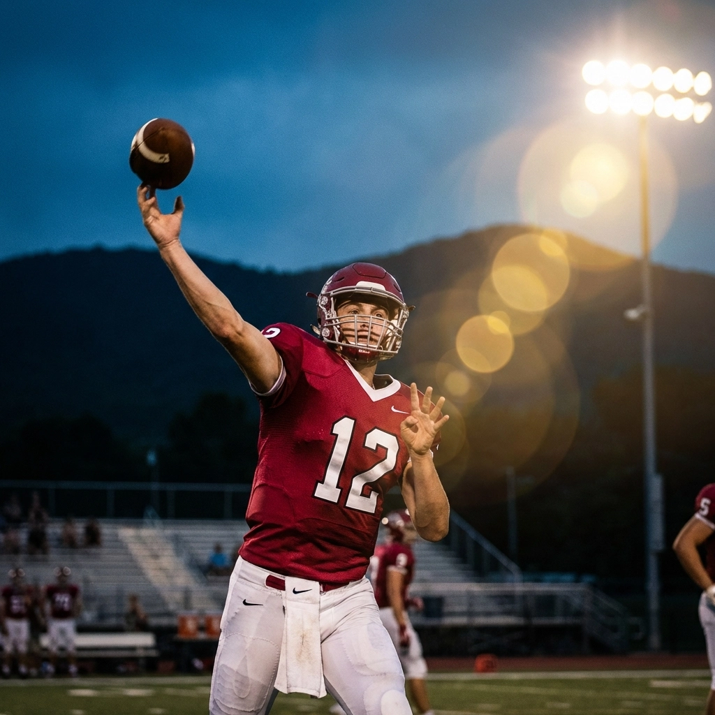 High school quarterback Hank Hendrix throws a football under Friday night lights in Arkansas, showcasing elite talent.