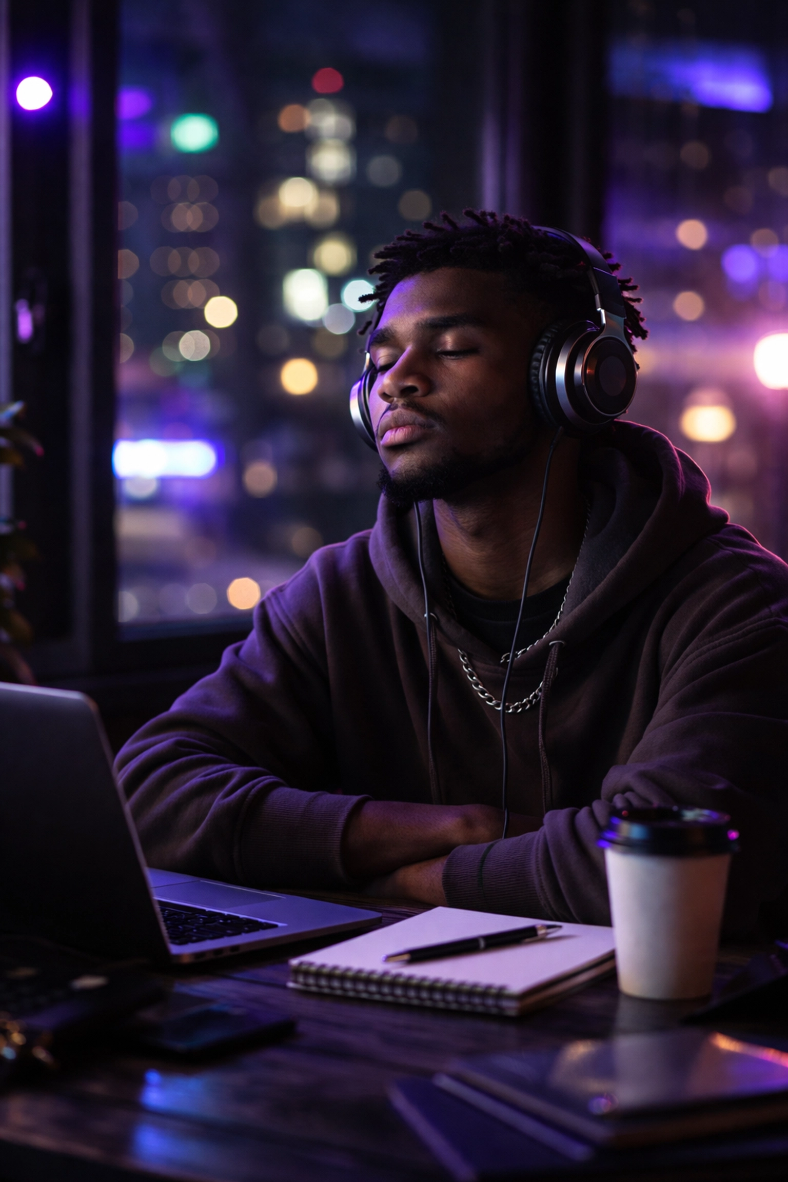 Young Black man in urban studio deeply focused on music creation, symbolizing faith-driven hustle and Christian music inspiration.