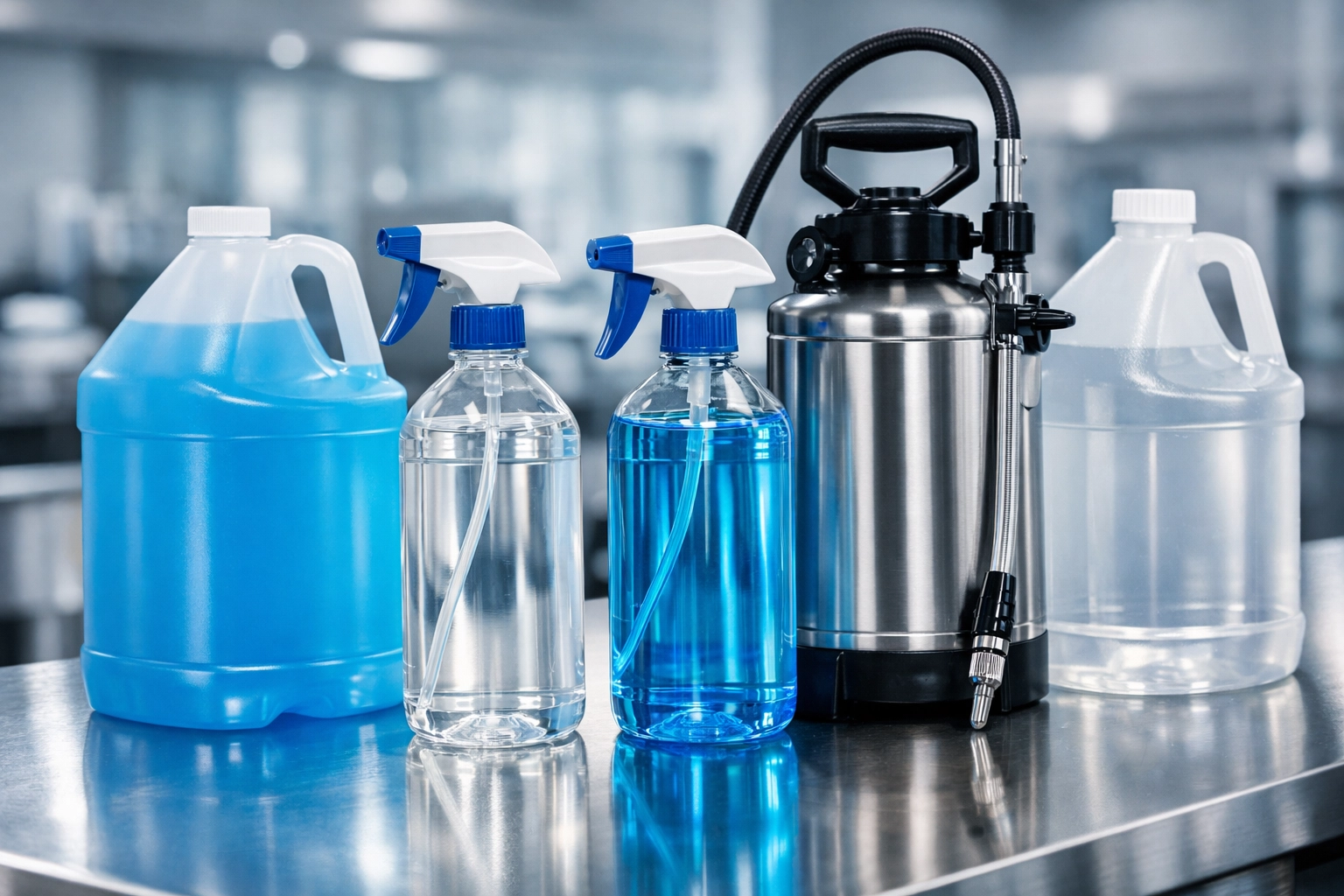 Professional-grade commercial cleaning chemicals and safe equipment containers for specialized facility cleaning.