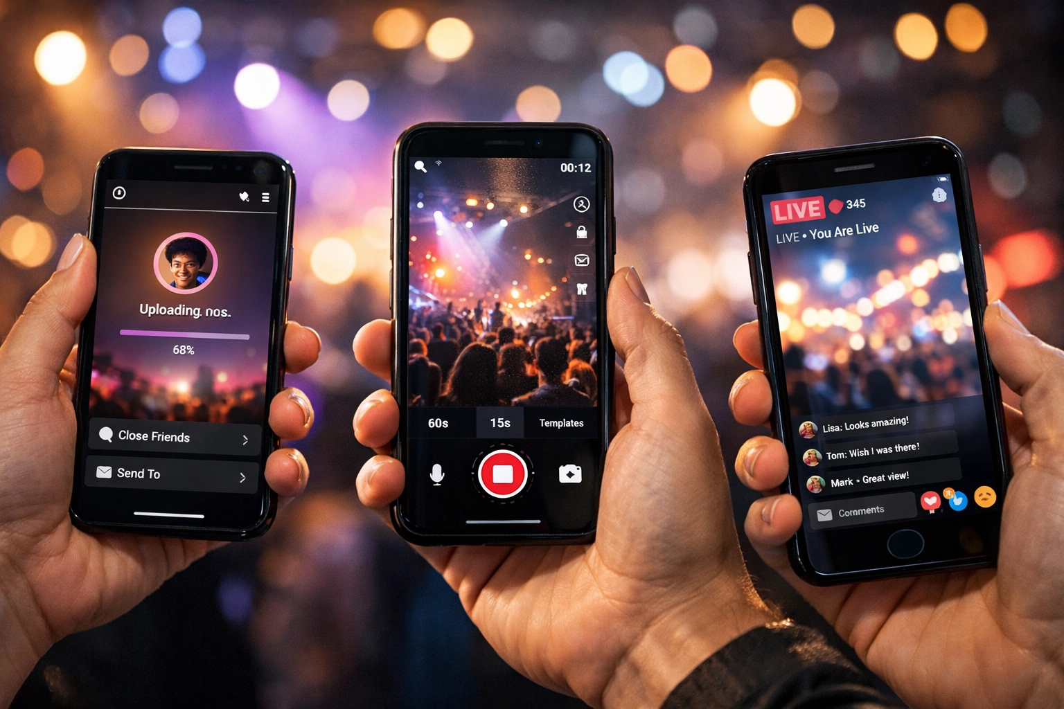 Multiple smartphones showing Instagram, TikTok and Facebook apps uploading content at an event
