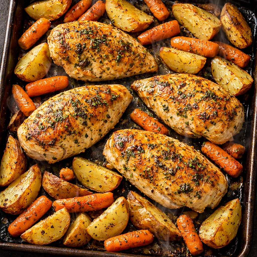 Sheet pan ranch chicken with roasted potatoes, a quick 5-ingredient dinner for busy weeknights.