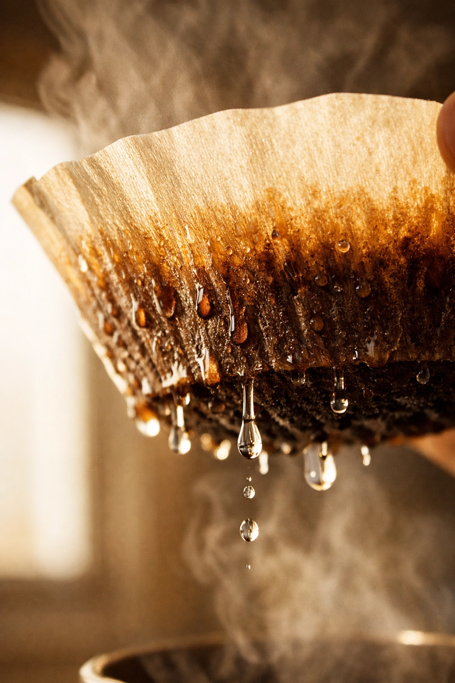 Rinsing paper coffee filter with hot water to prevent cardboard taste in brewed coffee